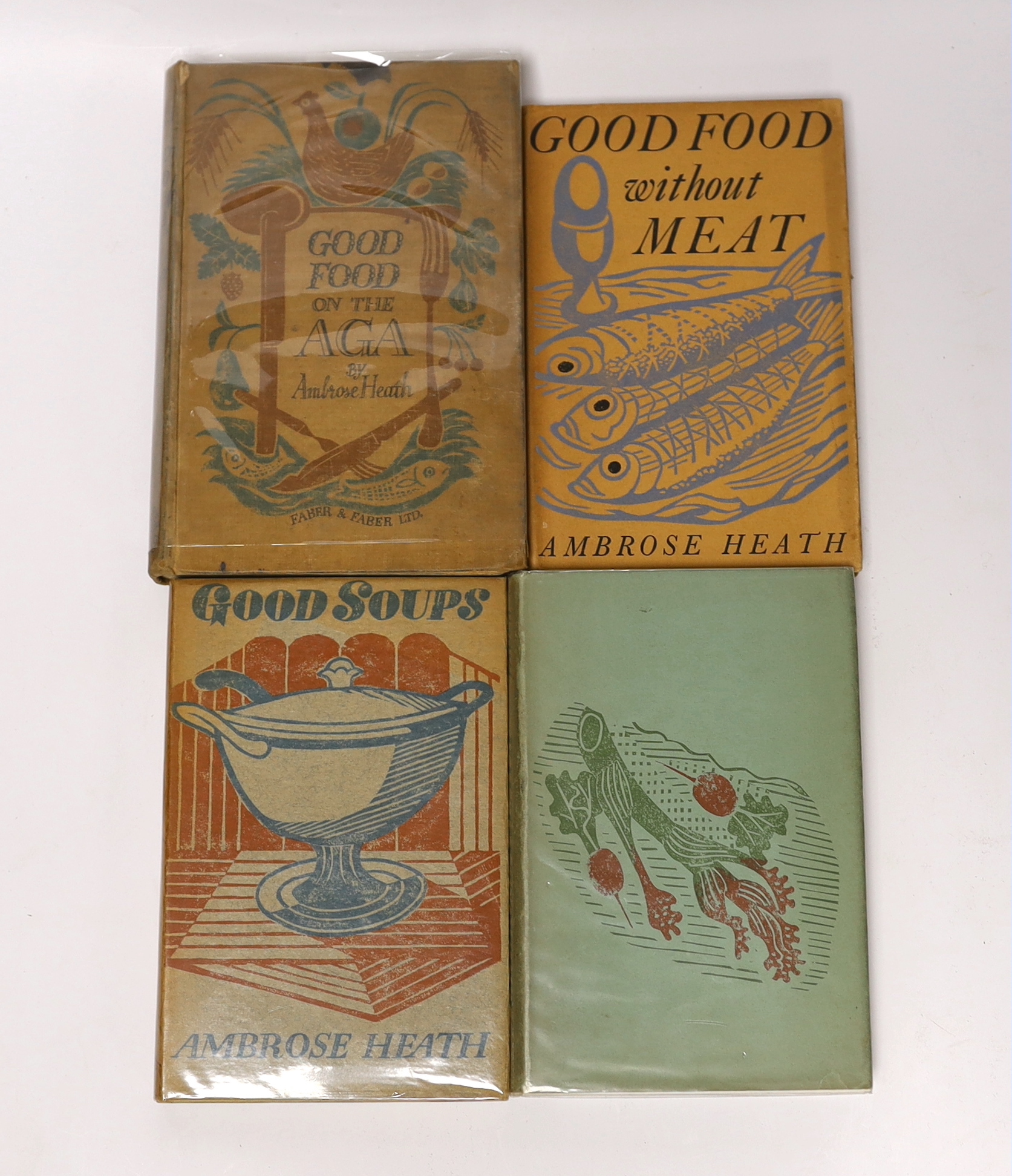 Bawden, Edward - 5 works with dust jackets and other illustrations by Edward Bawden, consisting:- All by Ambrose Heath - Good Food on an Aga, 1933; Good Soups, 1935; Good Sweets, 1937, Vegetable Dishes and Salads, 1938;
